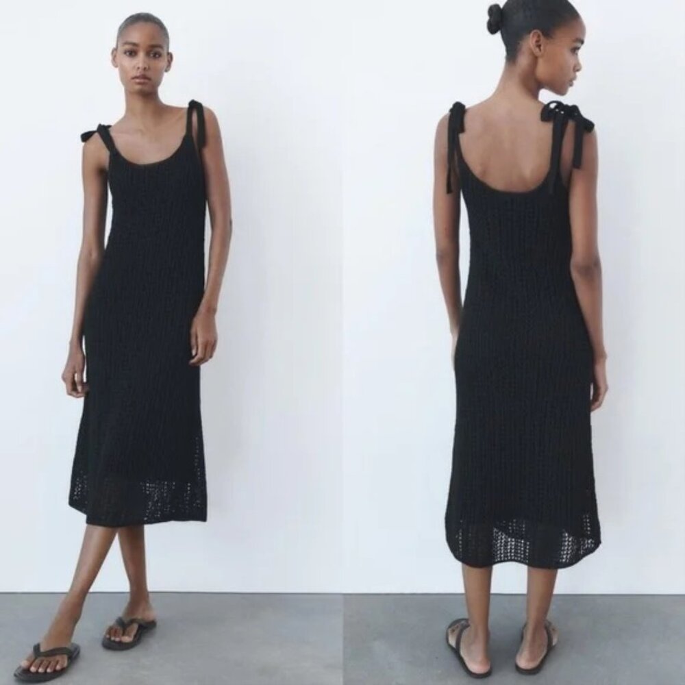 Zara Black A-line Chunky Knit Crochet Tie Strap Midi Dress with Lining Size L